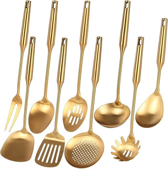 Gold Kitchen Utensils Set - 18/10 Stainless Steel Cooking Tools, 15" All Metal Serving Utensils w... | Amazon (US)