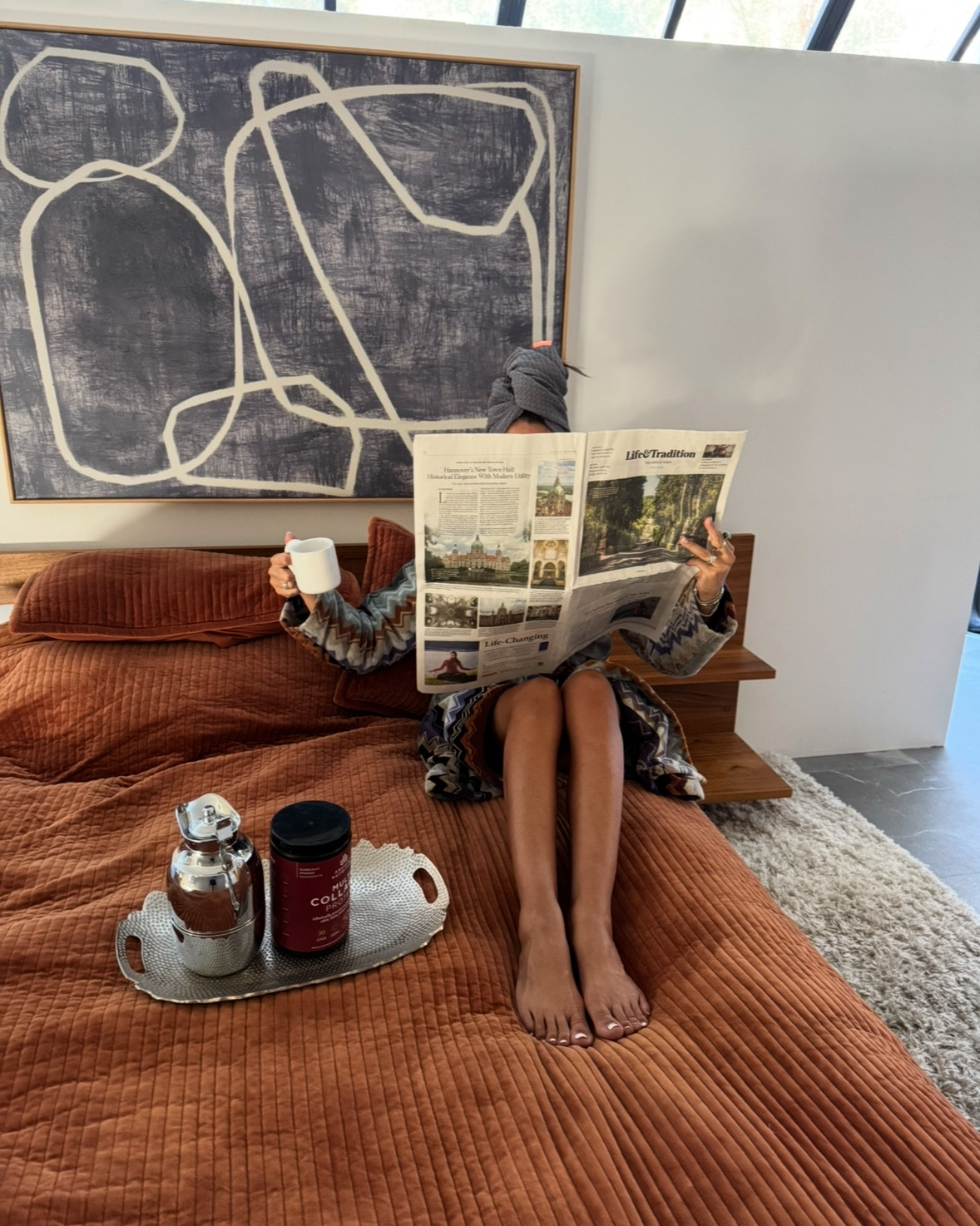 Quilted bedroom set from Quince robe is Missoni 
art is from minted
