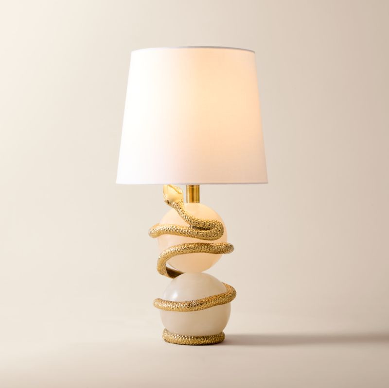 Tiger Snake White Alabaster Table Lamp with Cotton Shade | CB2 | CB2