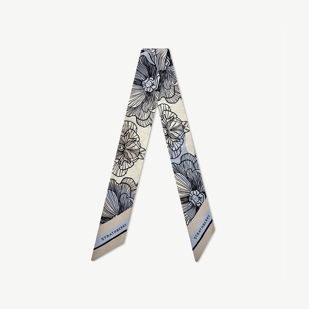 Silk Skinny Scarf - Floral Blue/Vanilla | Strathberry