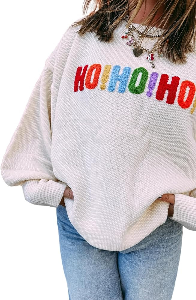 SELINK Women's Casual HOHOHO Merry Christmas Drop Shoulder Sweater Long Sleeve Round Neck Daily P... | Amazon (US)