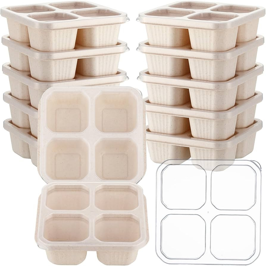 12 Pcs 4 Divided Compartments Snack Containers Bento Wheat Straw Snack Box with Lid Reusable Meal... | Amazon (US)