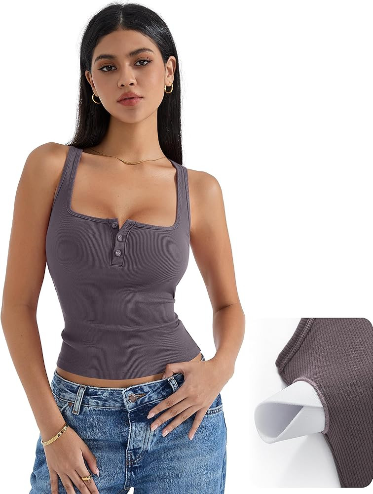 SUUKSESS Women Sexy Ribbed Square Neck Tank Tops with Built in Bra Summer Cotton Sleeveless Crop ... | Amazon (US)