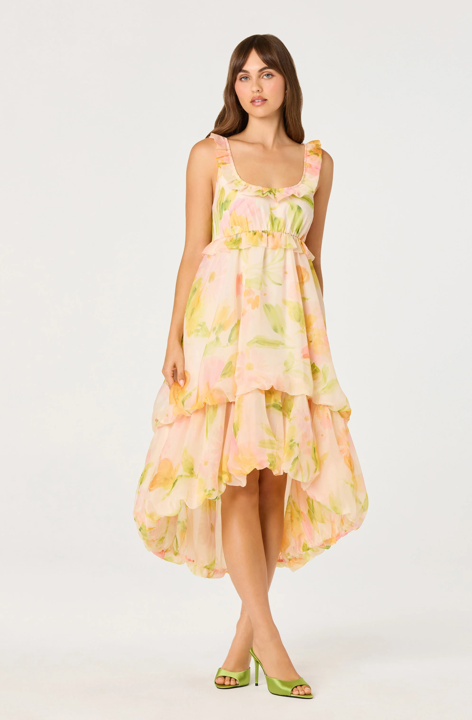 Serenidy Floral Ruffle Tiered High-Low Midi Dress - Blush multi floral / XS | ASTR The Label (US)