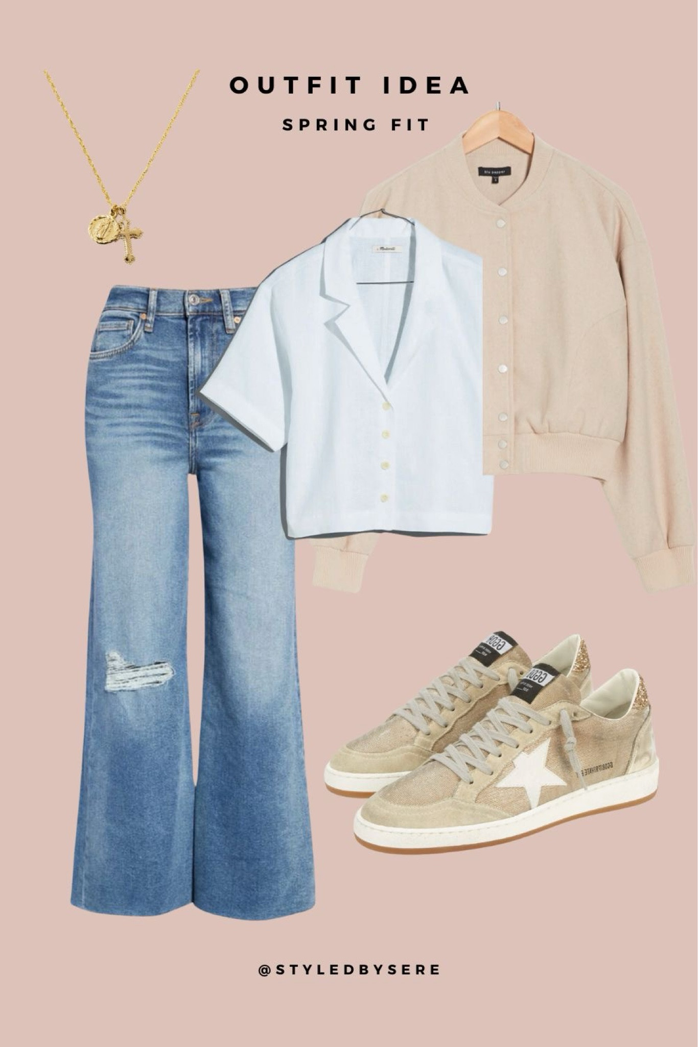 An errand day or a lunch with a friend never felt so good. We kicked off this laid back look with cropped wide leg denim. Then we added a button down linen top and slide into our shiny sneaks. Dainty gold jewelry elevate the look. And to keep the spring chill off our shoulders, we don a cool bomber jacket.

#LTKSeasonal #LTKStyleTip #LTKFindsUnder100