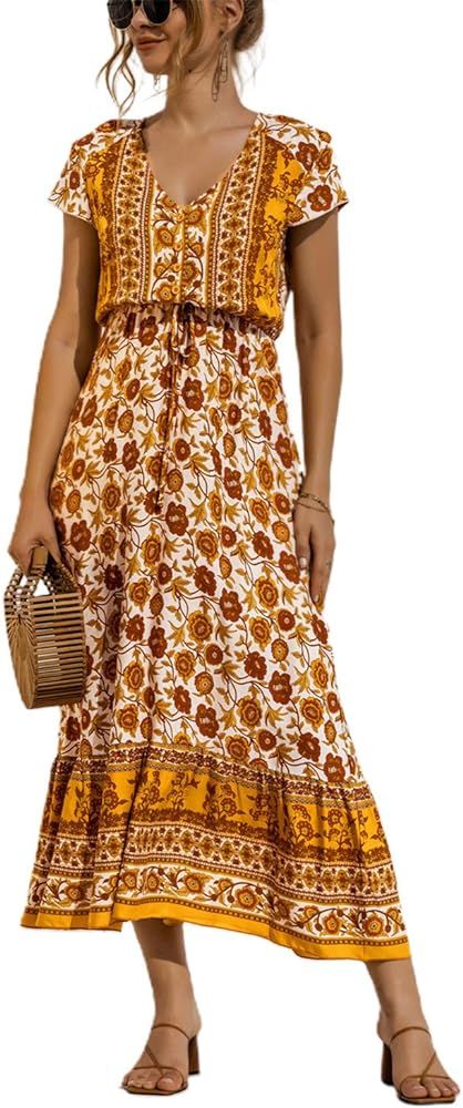 PERSUN Women's Summer Casual Short Sleeve V Neck Maxi Dresses Boho Floral Long Dress | Amazon (US)