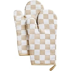 Beige Checkered Oven Mitts Heat Resistant, Vintage Retro Checkerboard Cute Oven Mitts, Non-Slip S... | Amazon (US)