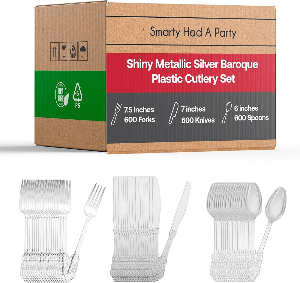 Disposable Plastic Cutlery Set, Heavy Duty Shiny Metallic Flatware, 600 Spoons, 600 Forks & 600 K... | Amazon (US)