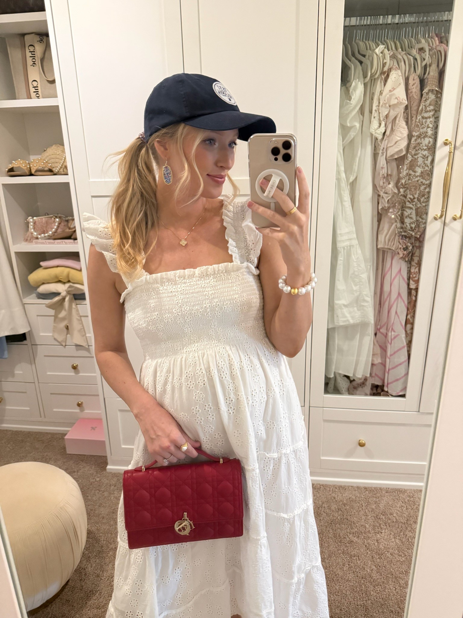 What I wore to the Braves game! This outfit would also be cute for the 4th of July! Dress is bump friendly. Summer dresses // maxi dresses // white dresses // baseball hats // Atlanta Braves baseball // 4th of July outfits 

#LTKSeasonal #LTKBump #LTKSummerEdit