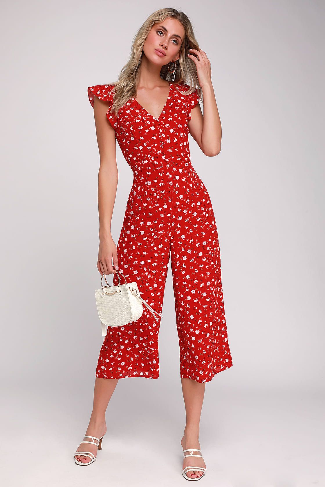 Floreal Love Red Floral Print Ruffled Culotte Jumpsuit | Lulus