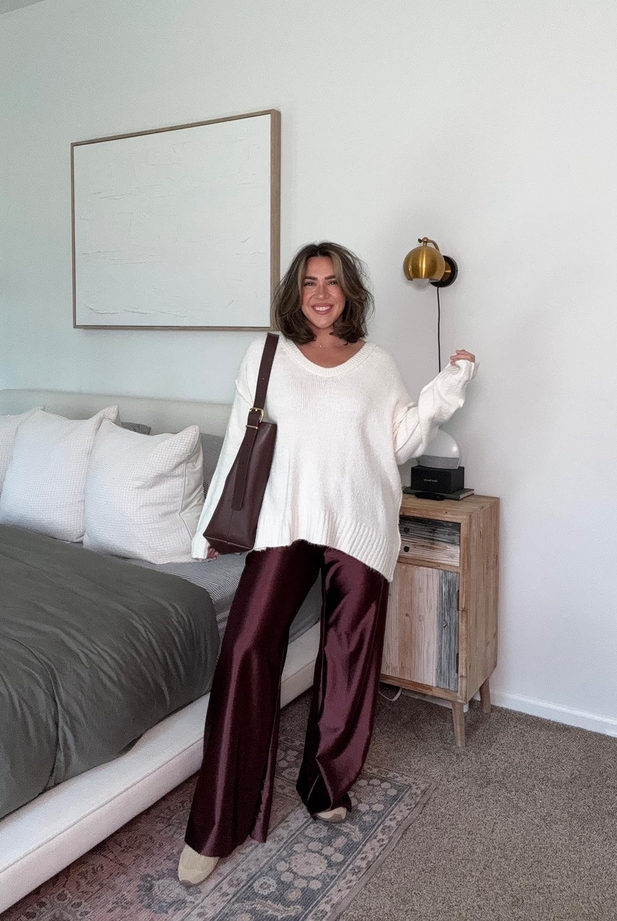 The cutest on trend fall/winter outfit. I didn't know how I'd feel about the satin pants but I love. Size L in all - I’d say it’s all tts. Size 10 fall fashion idea. Teacher outfit idea, casual fall style, mom style.

#LTKSeasonal #LTKMidsize #LTKootd