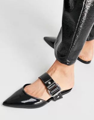 ASOS DESIGN Loft buckle hardware pointed ballet mules in black | ASOS (Global)