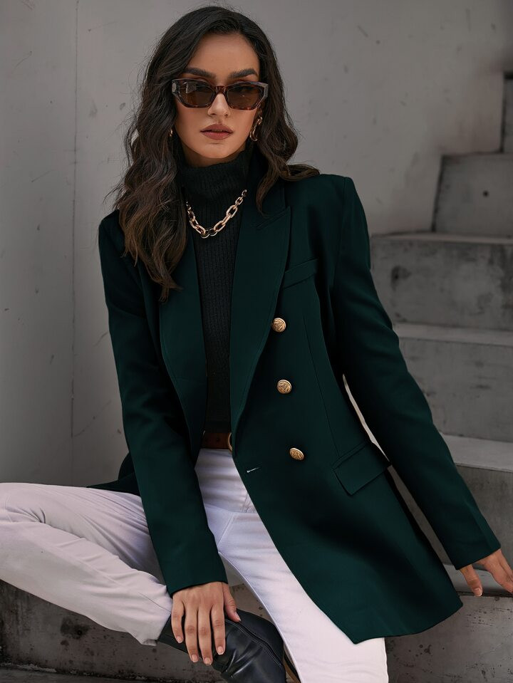 Aveloria Blazer De Trabalho De Peito Duplo Sólido Com Detalhe De Aba | SHEIN