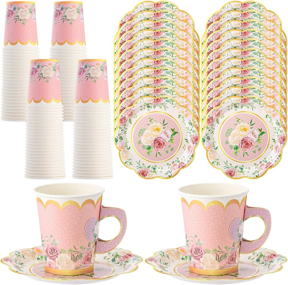 Tioncy 100 Pcs Tea Party Decorations Include 50 Pieces 9 oz Floral Paper Tea Cups with Handle and... | Amazon (US)