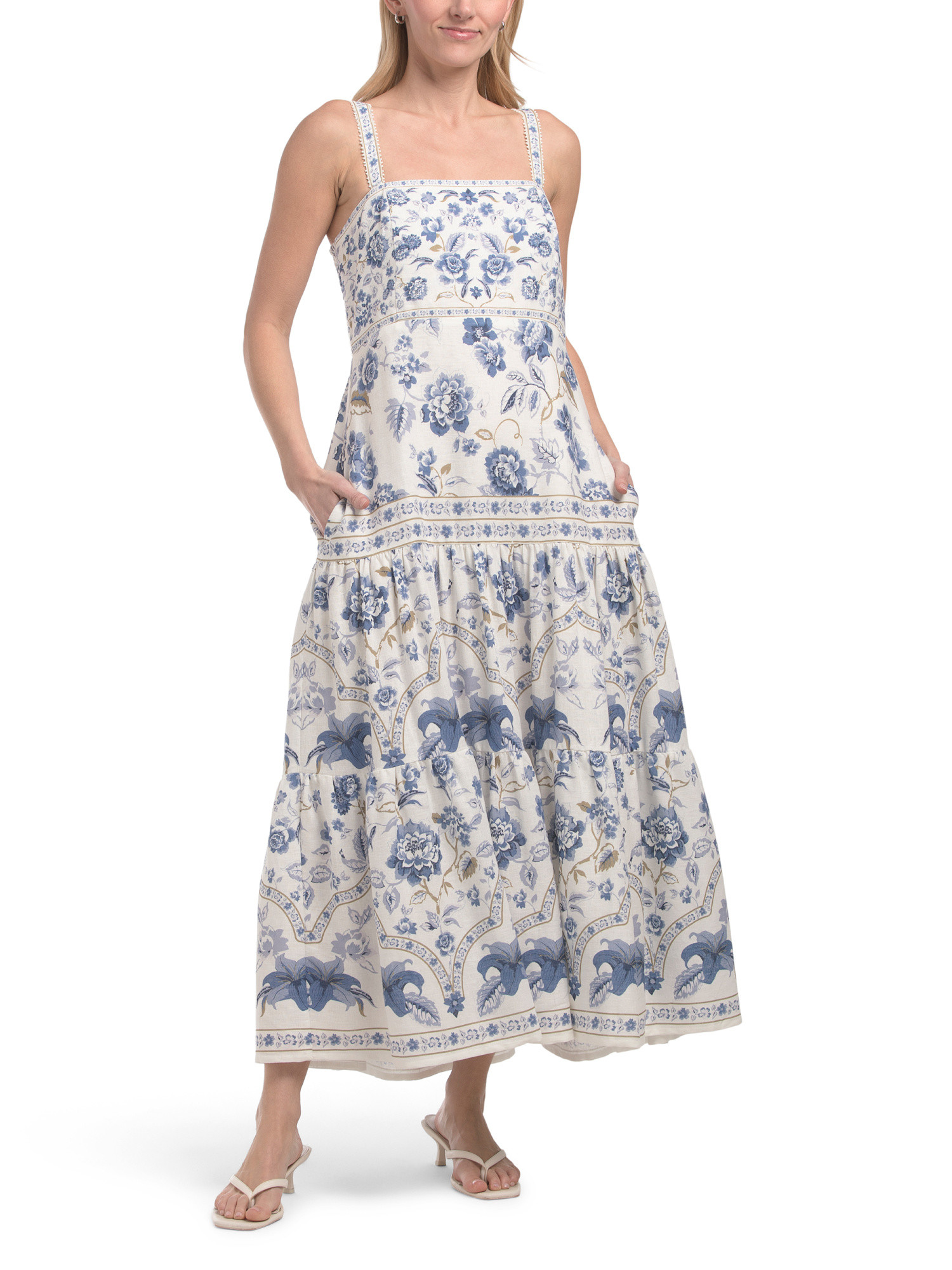 Linen Blend Tiered Floral Midi Dress | TJ Maxx