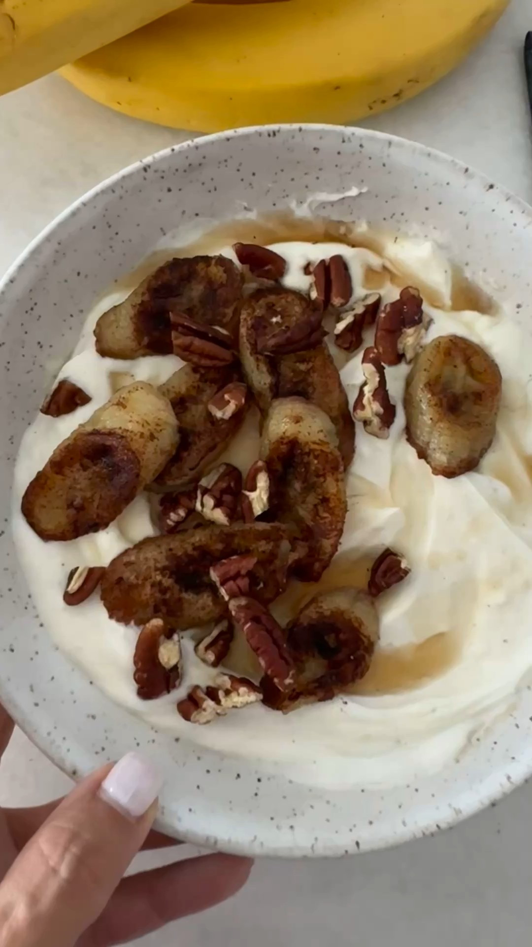 High Protein Caramelized Banana Yogurt Bowl from Skinnytaste High Protein Cookbook. 32 grams protein, you can pre-order now!