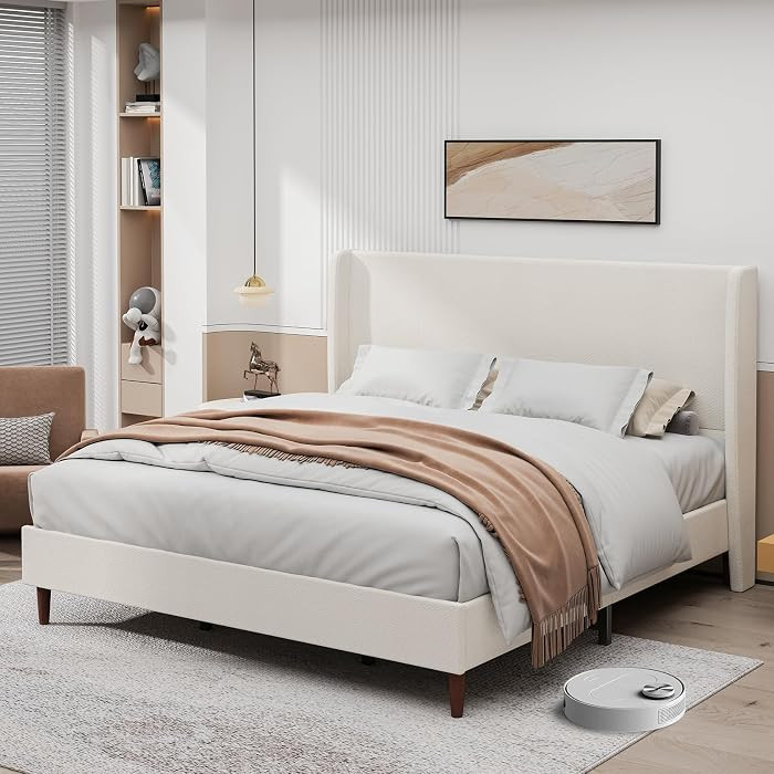 King Size Platform Bed Frame,Upholstered Bed Frame with Wing Side Headboard,Chenille Fabric,Strong Wooden Slat Support, No Box Spring Needed, Easy Assembly, Noise-Free,50.78" High,Light Beige | Amazon (US)