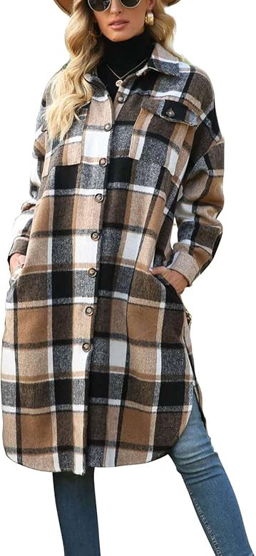 happlan Women's Shacket Windbreaker Side Slit Lapel Loose Wool Plaid Shirt Coat | Amazon (US)