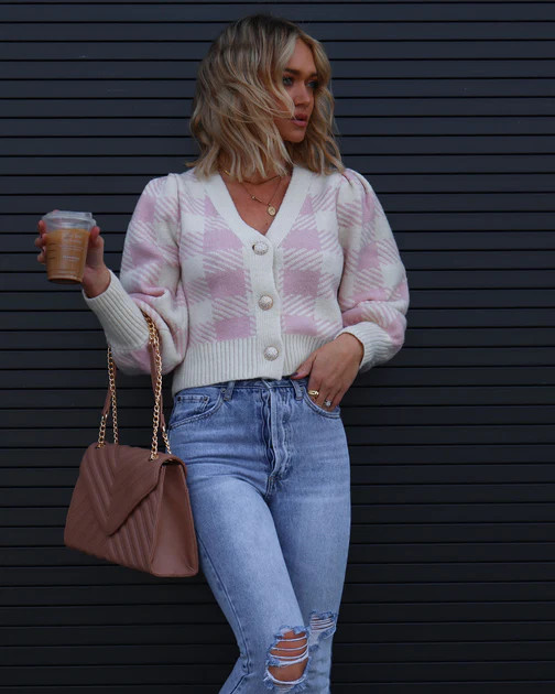 Bon Voyage Cutie Checkered Button Front Cardigan - Pink/Ivory | VICI