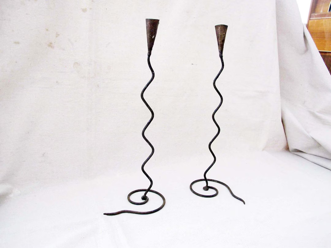 Vintage Tall Squiggle Metal Wire Taper Candlestick Holders Whimsy Goth Avant Garde Surrealist Dec... | Etsy (US)