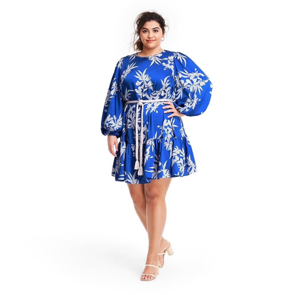 Plus Size Floral Long Sleeve Rope Belt Tiered Dress - ALEXIS for Target Blue 4X | Target