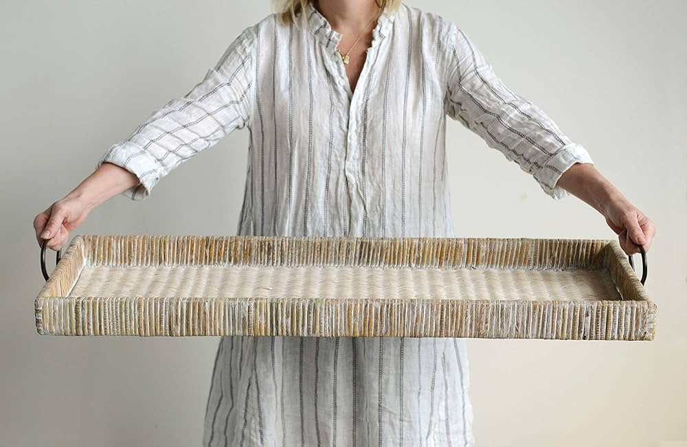 Creative Co-Op Oversize Decorative Rattan Tray with Metal Handles, Tan, Whitewashed | Amazon (US)