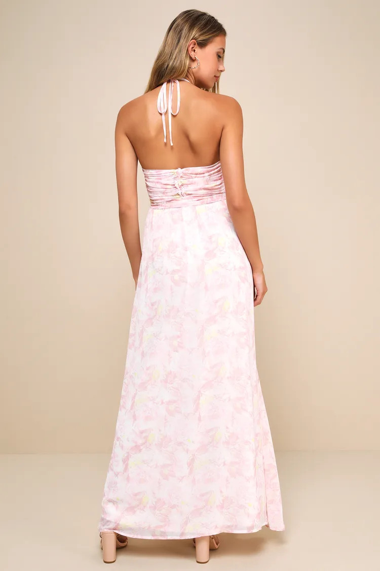 Effortlessly Abloom Light Pink Floral Ruched Halter Maxi Dress | Lulus