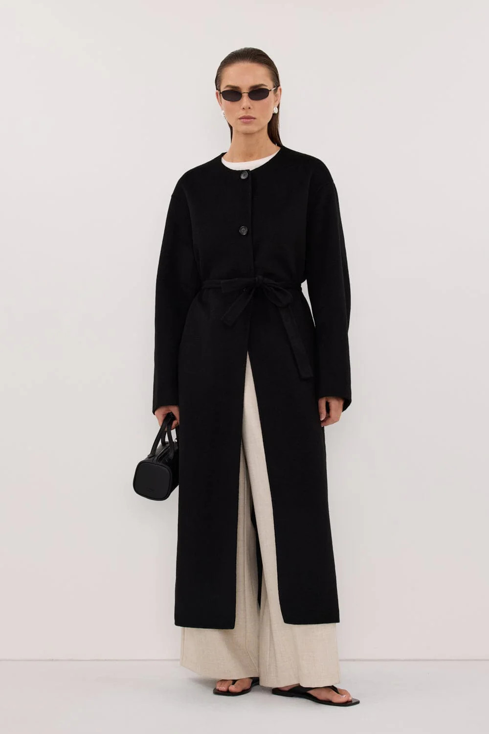 GRETA BLACK COLLARLESS WOOL BLEND COAT | DISSH