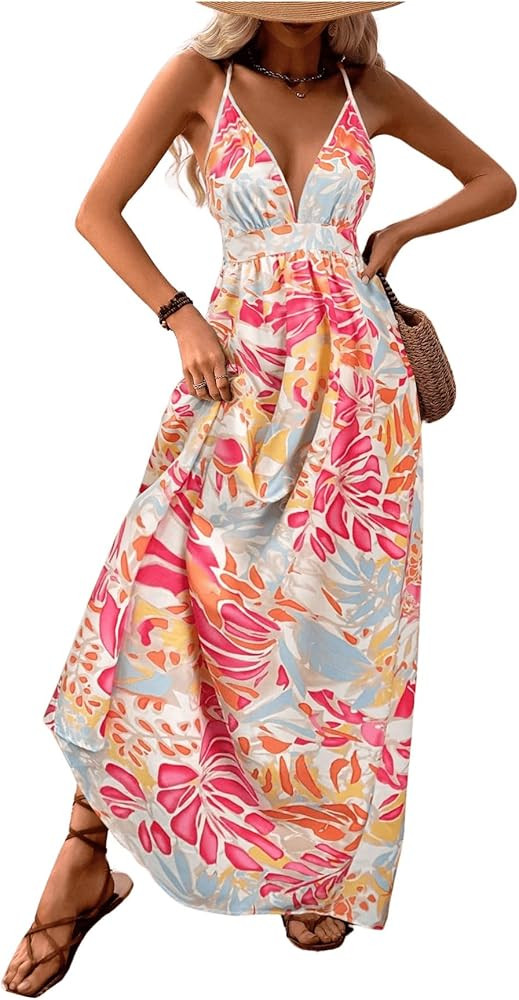 MakeMeChic Women's Flowy Maxi Dress Summer Boho Wedding Guest Backless Sundress Beach Hawaiian Re... | Amazon (US)