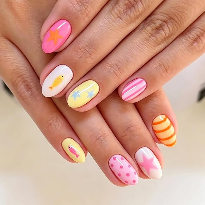 Pink Press on Nails Short Almond Ocean Beach Fake Nails with Fish Star Designs Yellow Orange Curv... | Amazon (US)