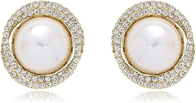 ERLOSYA Big Pearl White Hoop Earrings for Women 14k Gold Sliver Plated Cubic Zirconia Freshwater ... | Amazon (US)