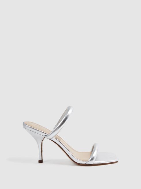 Reiss Silver Emery Leather Double Strap Heels | Reiss UK