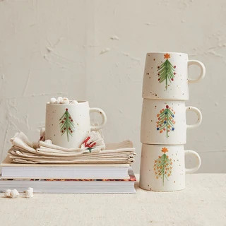 Hand-Painted Speckled Stoneware Mugs with Christmas Tree, Set of 4 - Bed Bath & Beyond - 41472220 | Bed Bath & Beyond