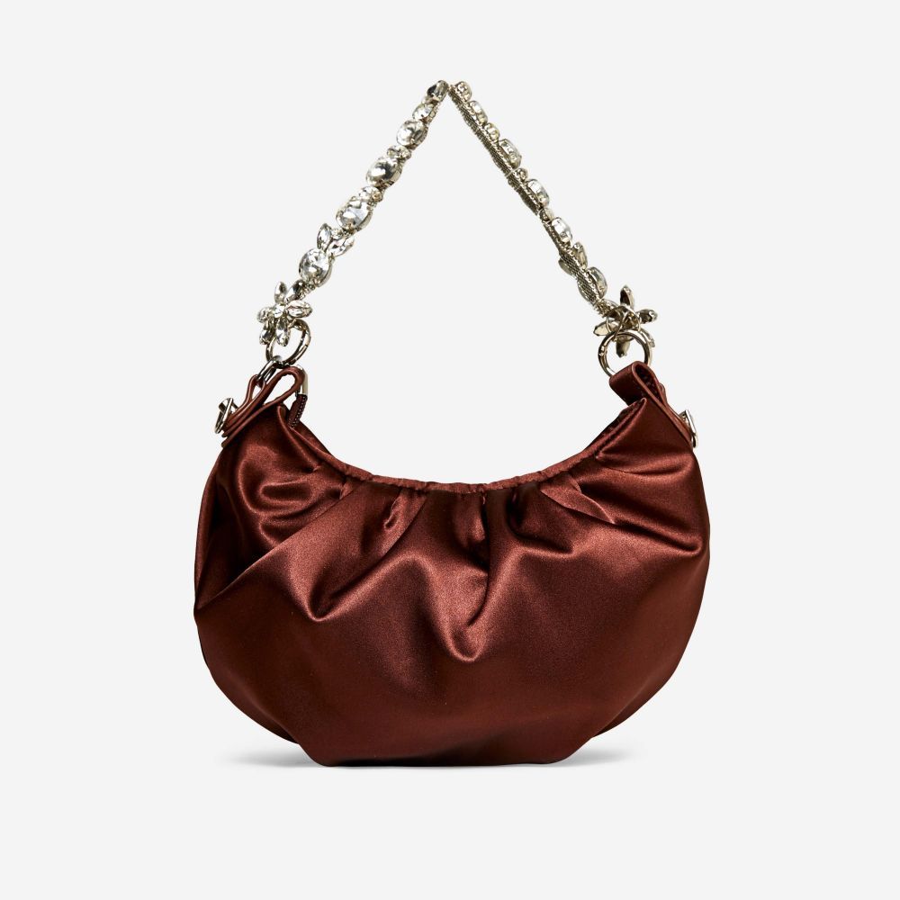 Saria Diamante Chain Strap Detail Shoulder Bag In Brown Satin | EGO Shoes (US & Canada)