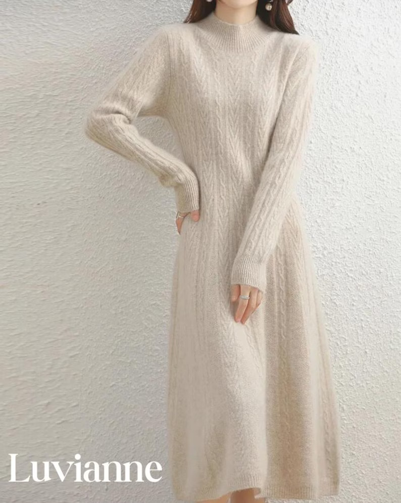 Handmade Merino Wool Cable Knit Sweater Dress – Long Sleeve Midi | Etsy (US)