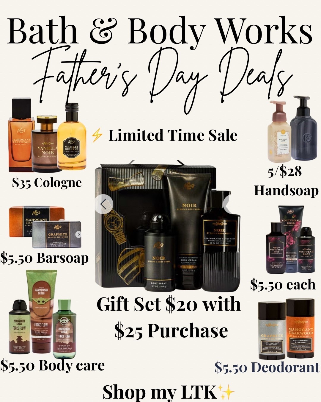 Looking for affordable Father’s Day gifts? 🎁 Bath & Body Works has some incredible deals on men’s cologne, body care, deodorant, bar soap, gift sets, and more!

These are gifts he’ll actually use, and several favorites are on sale right now. My top picks are the Noir, Mahogany Teakwood, Graphite, and Whiskey Reserve collections. 🖤

✨ Everything is linked in my LTK for easy shopping!

Which scent would your guy choose? 👇

#LTKGiftGuide #BathAndBodyWorks #FathersDayGifts #GiftIdeasForDad #MensCologne #BathAndBodyWorksMen #MensGrooming #GiftGuide #FathersDayGiftGuide #AffordableGifts #LTKFinds #ShopMyLTK #MensGiftIdeas #CologneForMen #Noir #MahoganyTeakwood #Graphite #WhiskeyReserve #LTKCreator #SaleAlert

#LTKSaleAlert #LTKMens #LTKOver40
