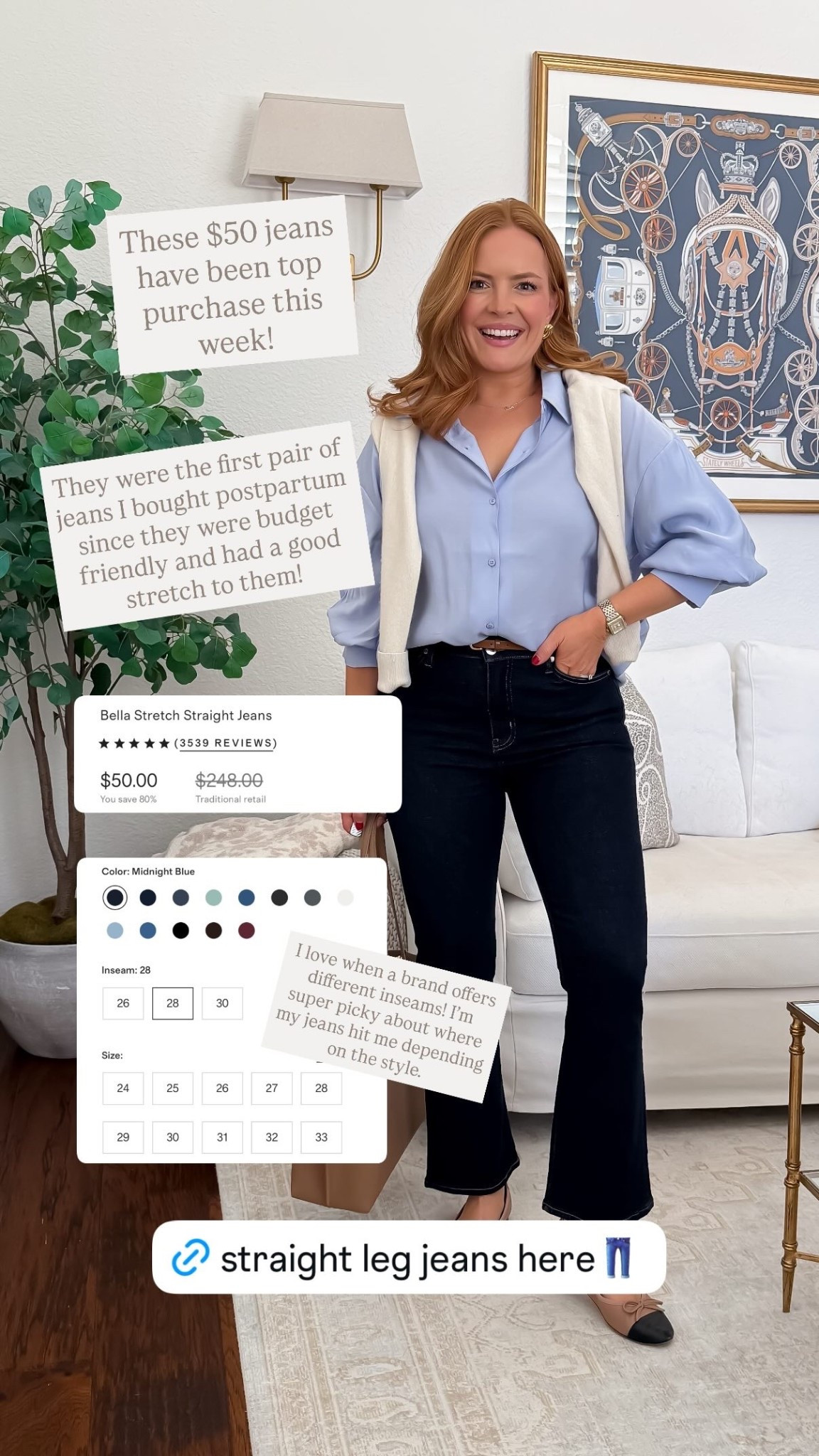 These $50 jeans have been top purchase this week! They were the first pair of jeans I bought postpartum since they were budget friendly and had a good stretch to them! I love when a brand offers different inseams! I’m super picky about where my jeans hit me depending on the style. @onequince