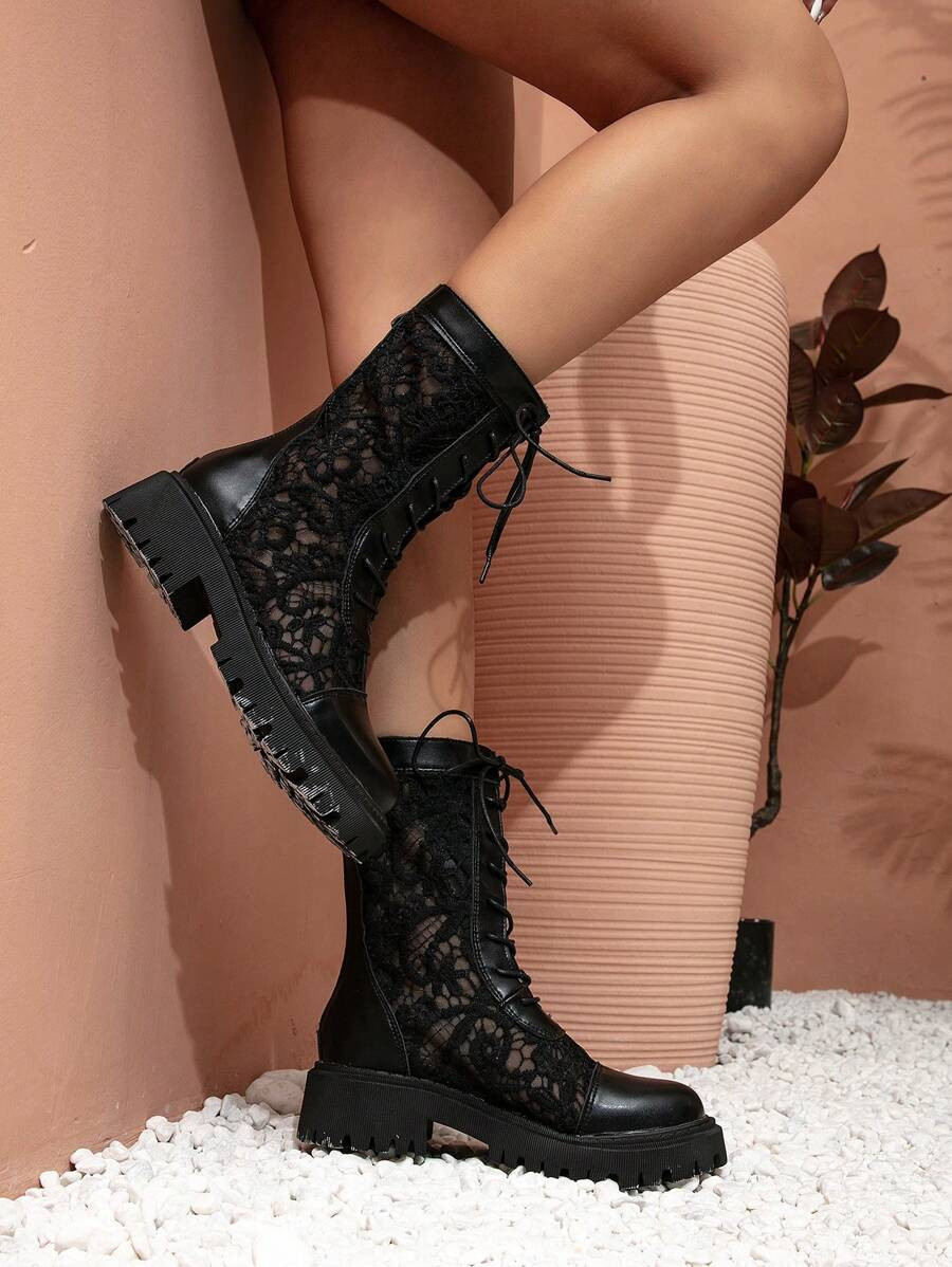 Fall/Winter Women's Lace Hollow Out Net Boots With Chunky Heel & Thick Platform, Black, Summer | SHEIN