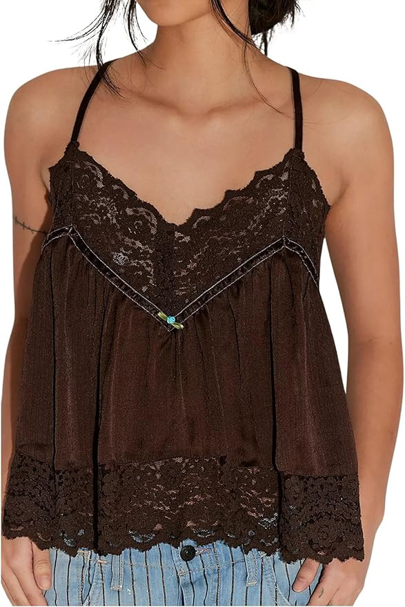 Dorwon Women Satin Lace Cami Top Flowy V Neck Jacquard Tank with Scalloped Trim | Amazon (US)