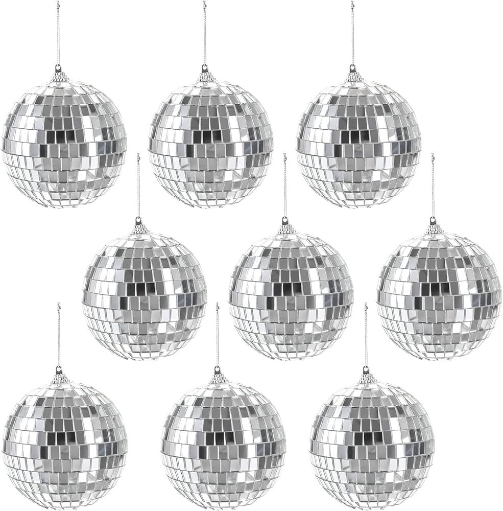Suwimut 9 Pieces Mirror Disco Ball, 4 Inches Silver Hanging Disco Ball With Attached String for R... | Amazon (US)