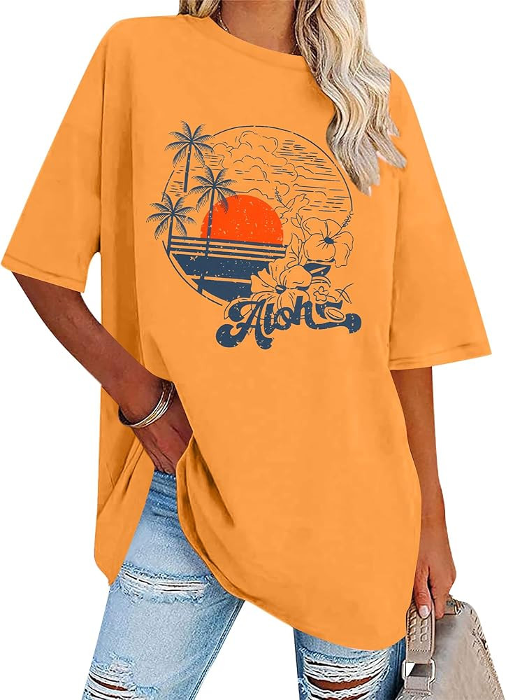Hawaiian Oversized Shirts Women Hawaii Flower Tshirt Aloha Graphic Tees Summer Beach Oversized To... | Amazon (US)