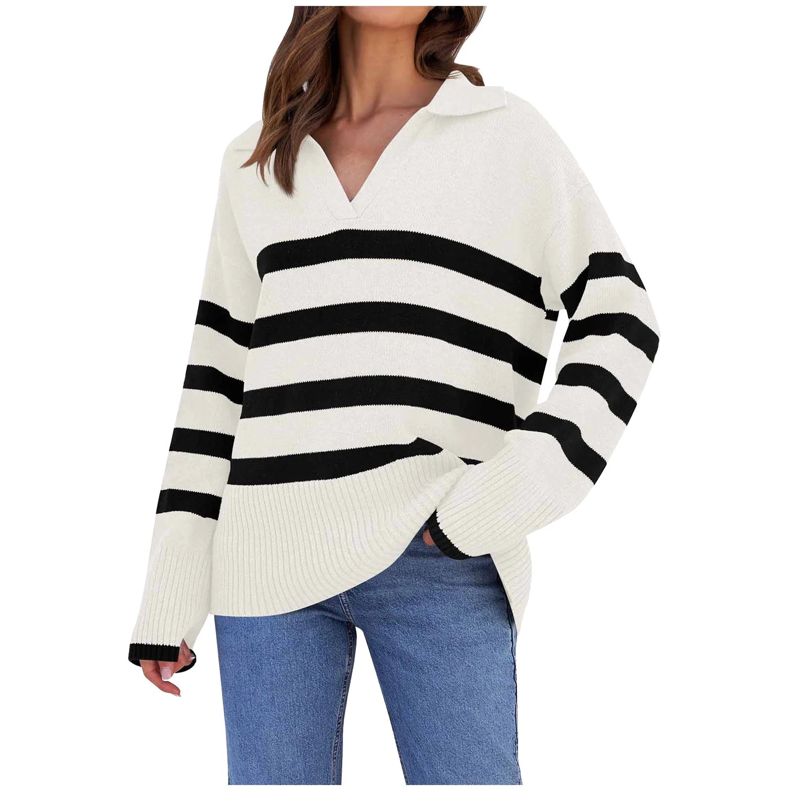 XFLWAM Women's Fall Winter Sweaters Lapel V Neck Long Sleeve Striped Chunky Knit Oversized Pullov... | Walmart (US)