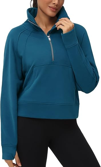 THE GYM PEOPLE Womens' Half Zip Pullover Fleece Stand Collar Crop Sweatshirt with Pockets Thumb H... | Amazon (CA)