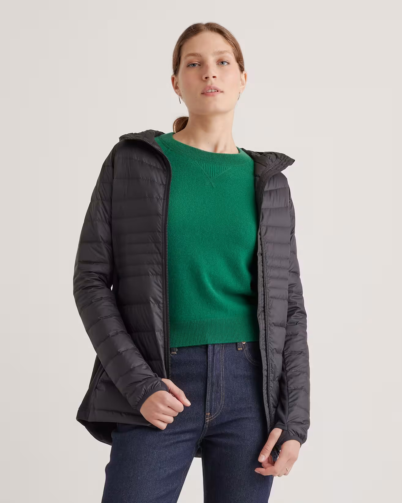 Black Lightweight Down Packable Long Puffer Jacket | Quince