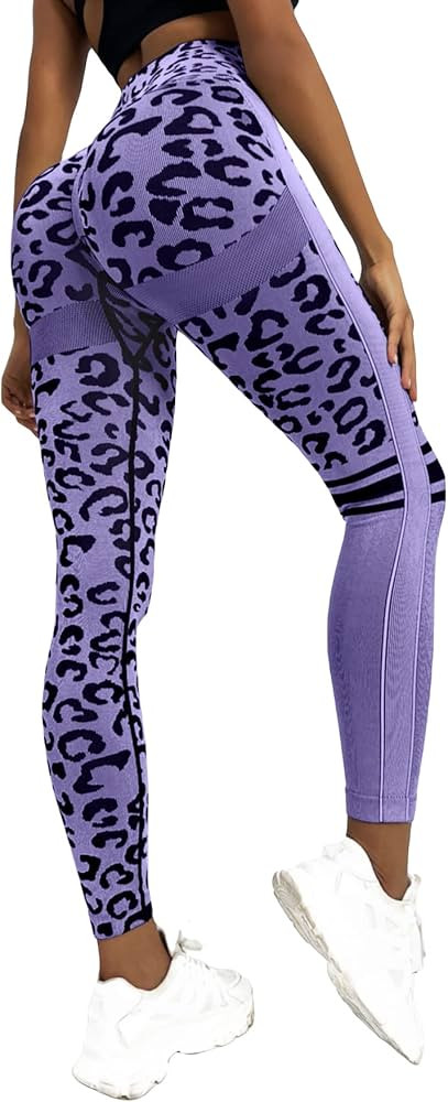 Floerns Women's Leopard Mesh High Waisted Tummy Control Squat Leggings with Pocket | Amazon (US)