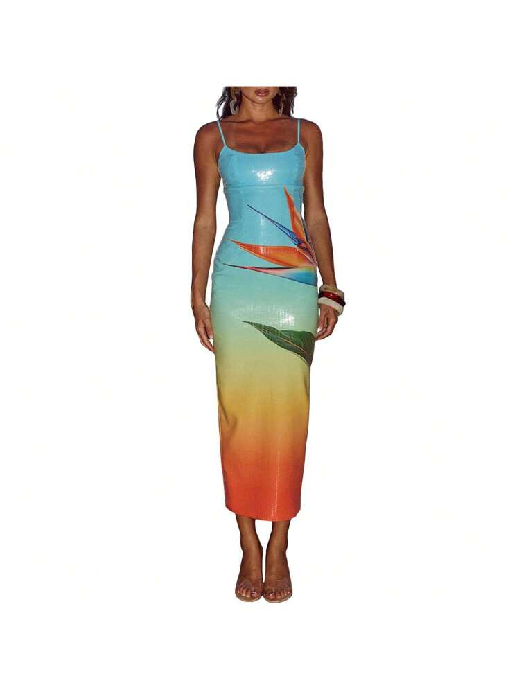 Women's Summer Long Dress U Neck Sleeveless Spaghetti Strap Leaves Pattern Slit Hem Contrasting Color Sequins Slim Dress | SHEIN