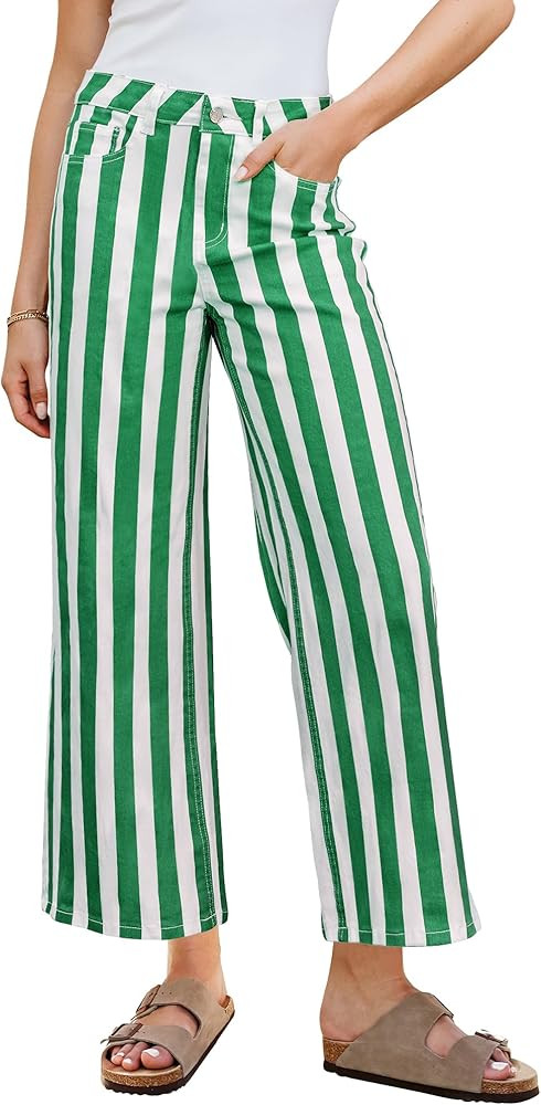 GRAPENT Women Jeans Striped Wide Leg High Waisted Trendy Stretchy Denim Pants Cute Casual Trouser... | Amazon (US)