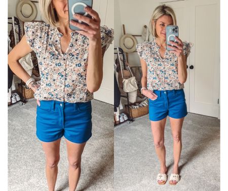 I LOVE these shorts from Old Navy!! And the little blouse with flutter sleeves is adorable! Wearing 2 in shorts and small in top. 

#LTKsalealert #LTKover40 #LTKfindsunder50