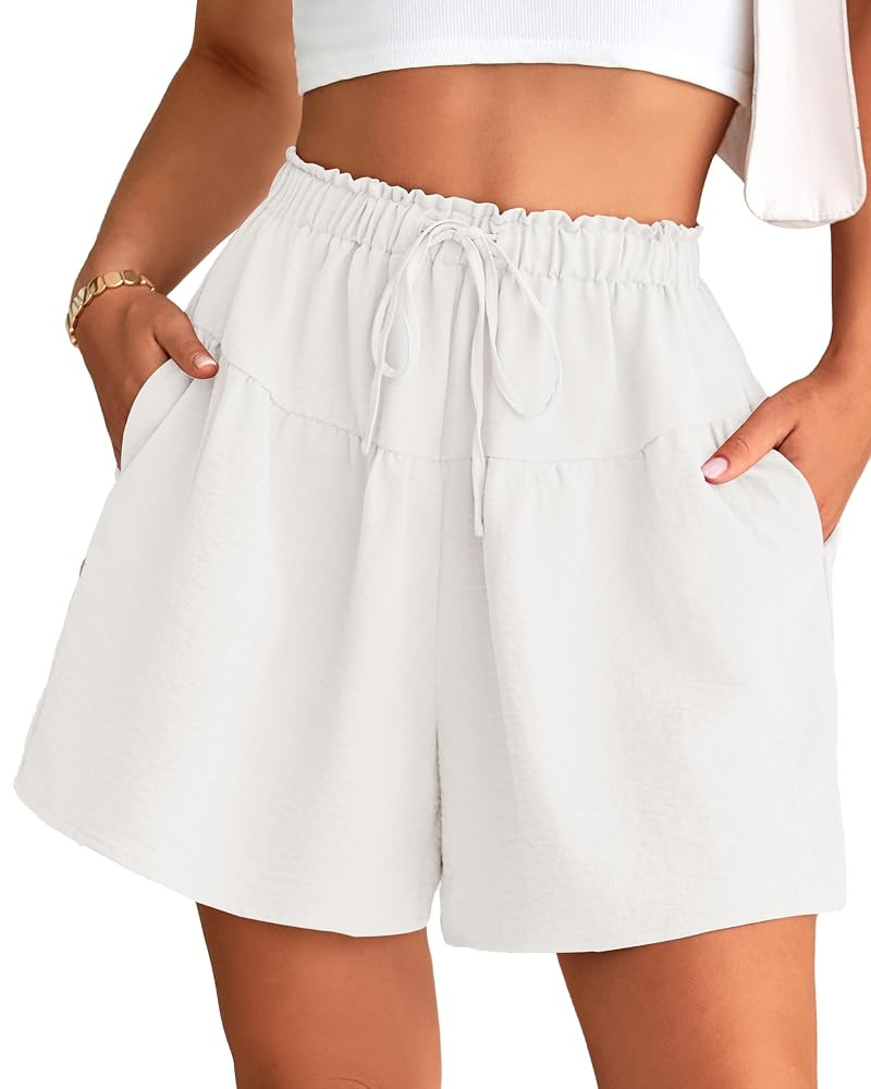PRETTYGARDEN Womens Shorts 2025 Summer Drawstring Ruffle Elastic High Waist Solid Color Casual Be... | Amazon (US)