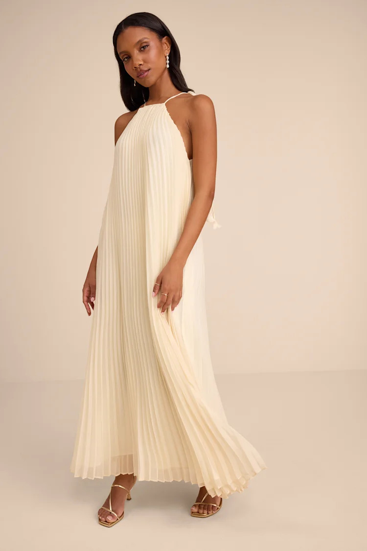 Naylani Cream Pleated Tie-Strap Maxi Dress | Yellow Wedding Guest Dress Yellow | Lulus